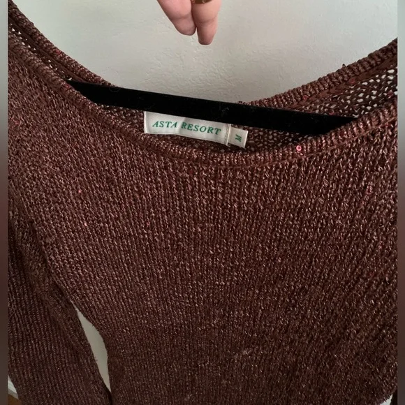 Asta resort Maya Sleeve Mini Dress - Chocolate Sequin Brown One-Shoulder Dress - Picture 4 of 8